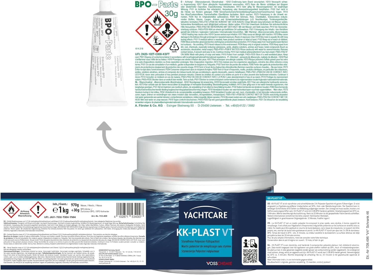 Yachtcare Füllspachtel 1kg styrolfrei – 2K Polyesterspachtel für Auto, Boot, Metall, Holz & GFK – geringer Schrumpf, schnell trocken und schleifbar