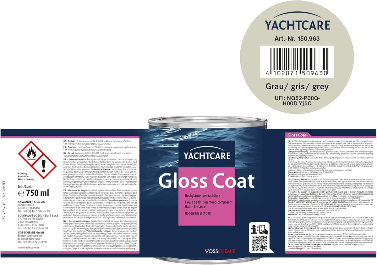 Yachtcare Gloss Coat 750ML - Barniz monocomponente para embarcaciones y yates, gris