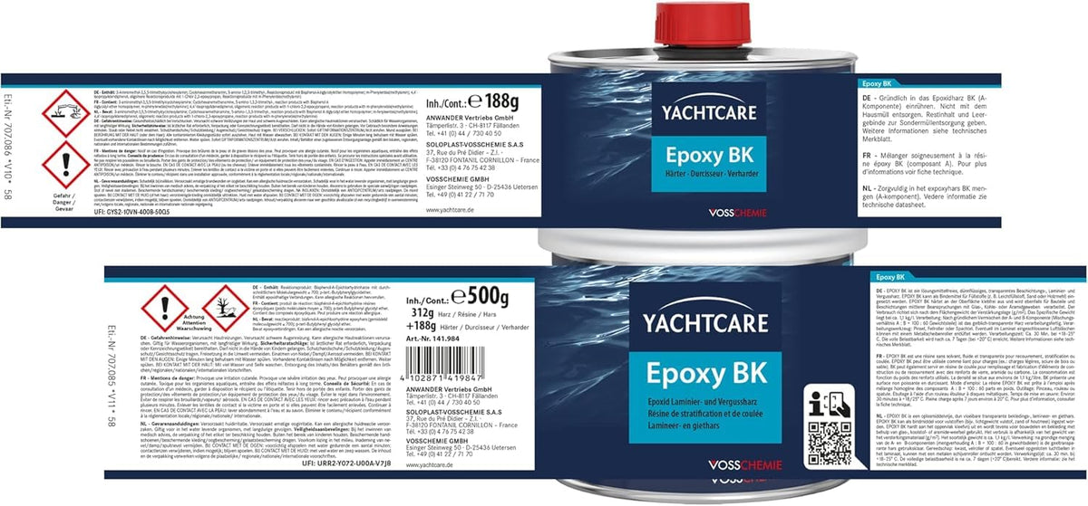 Yachtcare Epoxy BK - resina de laminado y colada sin disolventes, a base de epoxi, 500 g
