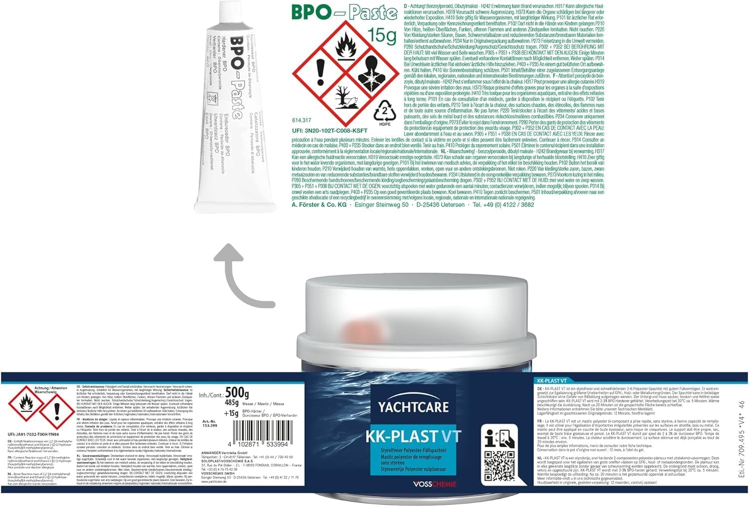 Yachtcare Füllspachtel 500g styrolfrei – 2K Polyesterspachtel für Auto, Boot, Metall, Holz & GFK – geringer Schrumpf, schnell trocken und schleifbar