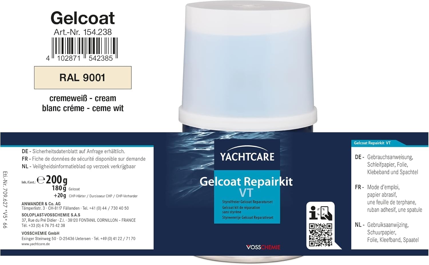 Yachtcare Gelcoat Repair Kit 200g - Für die zuverlässige Reparatur von Gelcoatschäden RAL 9001