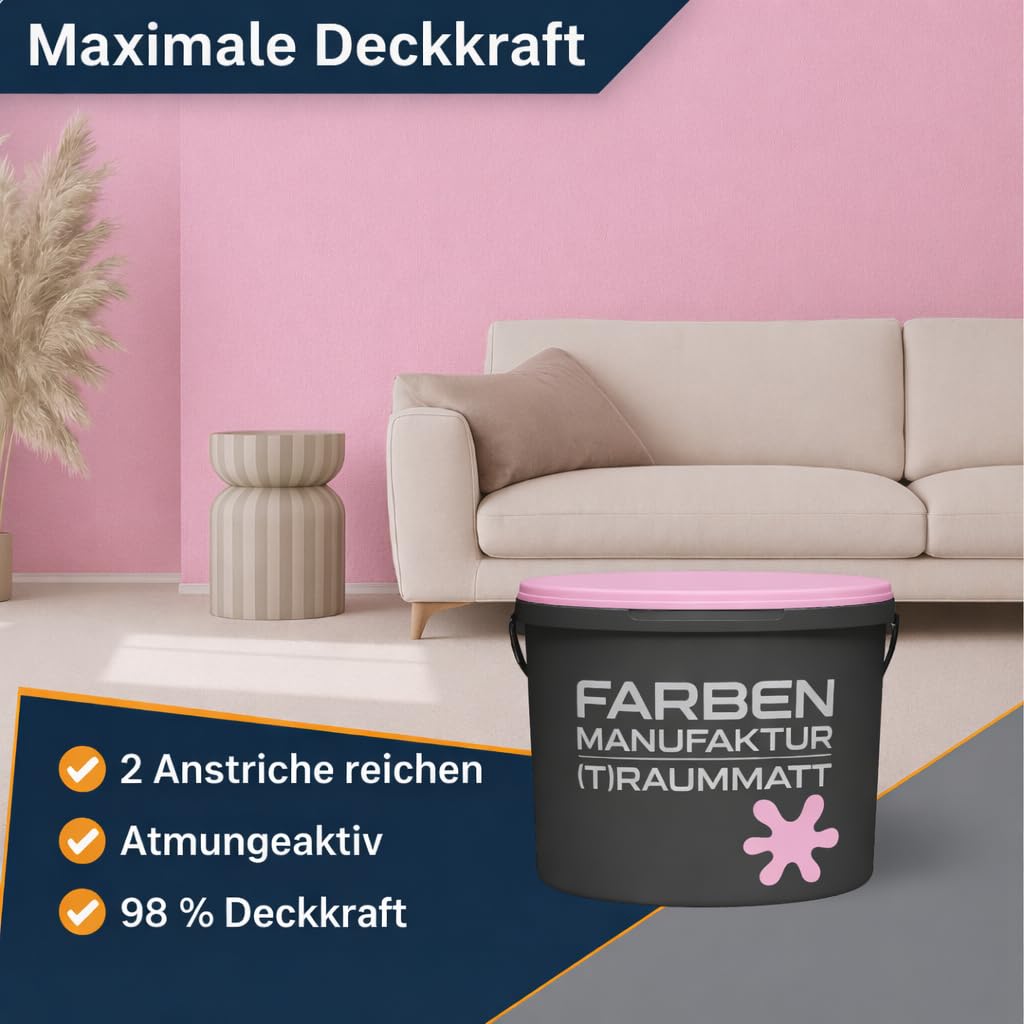 Farben Manufaktur (T) raummatt Wandfarbe Innenwandfarbe Innenfarbe Dispersionsfarbe Trendfarbe 2022 1/2/5/10L, Farbe: luftiges rosa, Größe: 2L