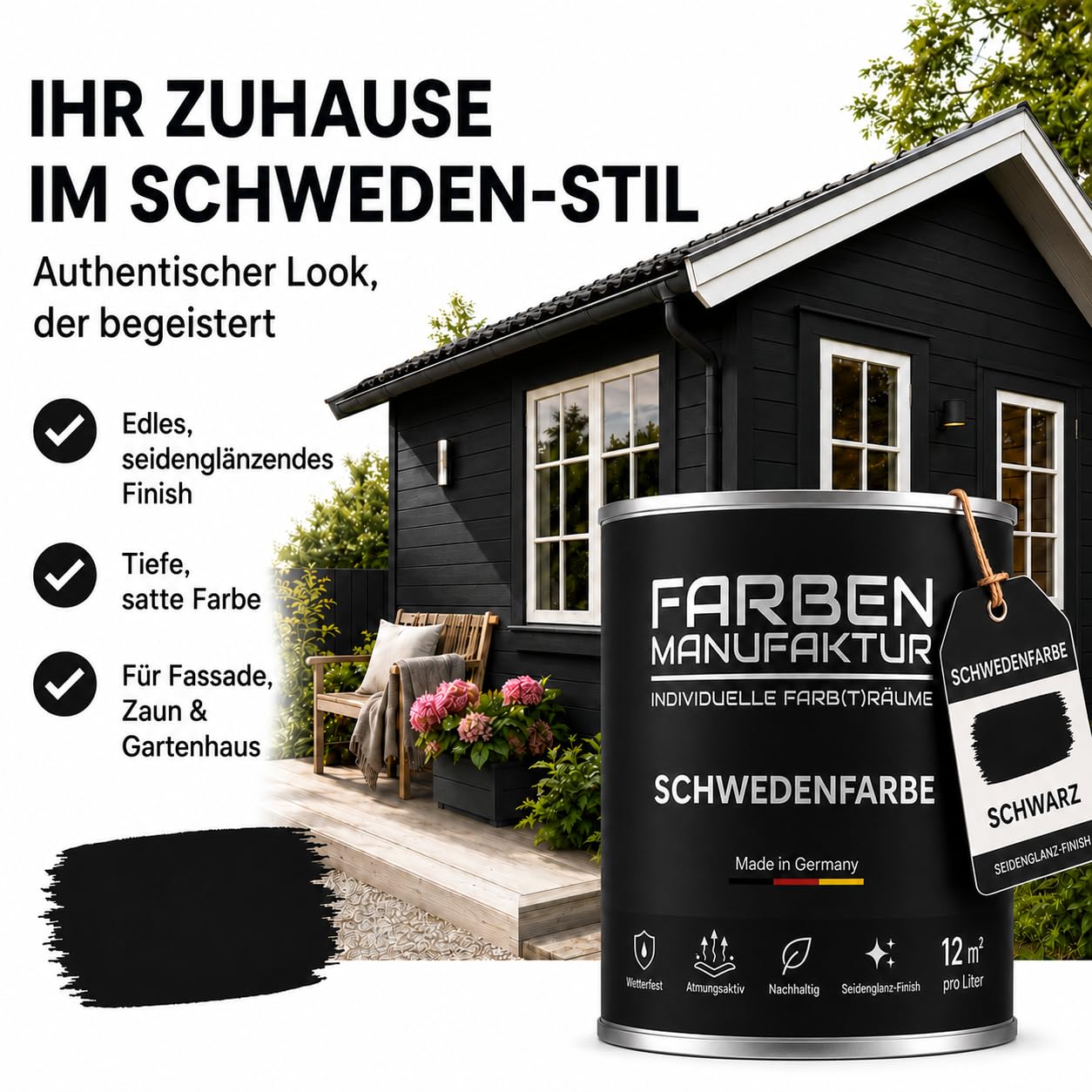 Schwedenfarbe Holzfarbe Außen Wetterfest – Holzschutzfarbe für Fassade, Gartenhaus, Zaun & Scheune – Diffusionsoffen & Nachhaltig Wetterschutzfarbe 2L, Größe: 2L, Farbe: Schweden grün
