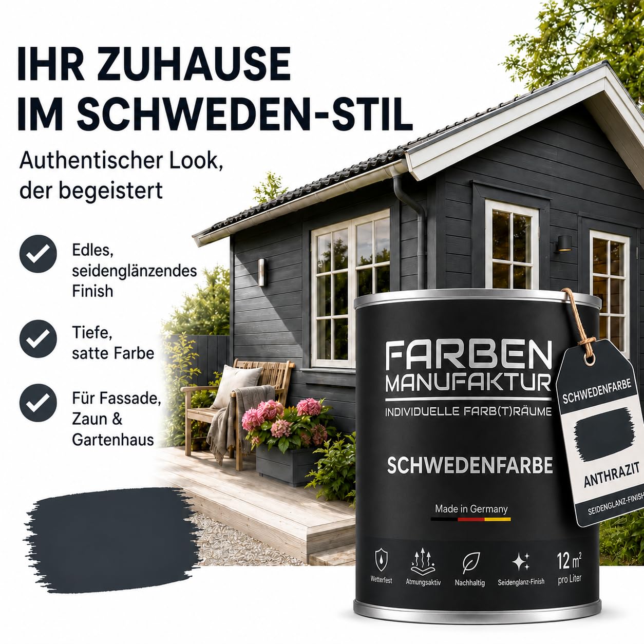 Schwedenfarbe Holzfarbe Außen Wetterfest – Holzschutzfarbe für Fassade, Gartenhaus, Zaun & Scheune – Diffusionsoffen & Nachhaltig Wetterschutzfarbe, Größe: 1L, Farbe: Schweden blau
