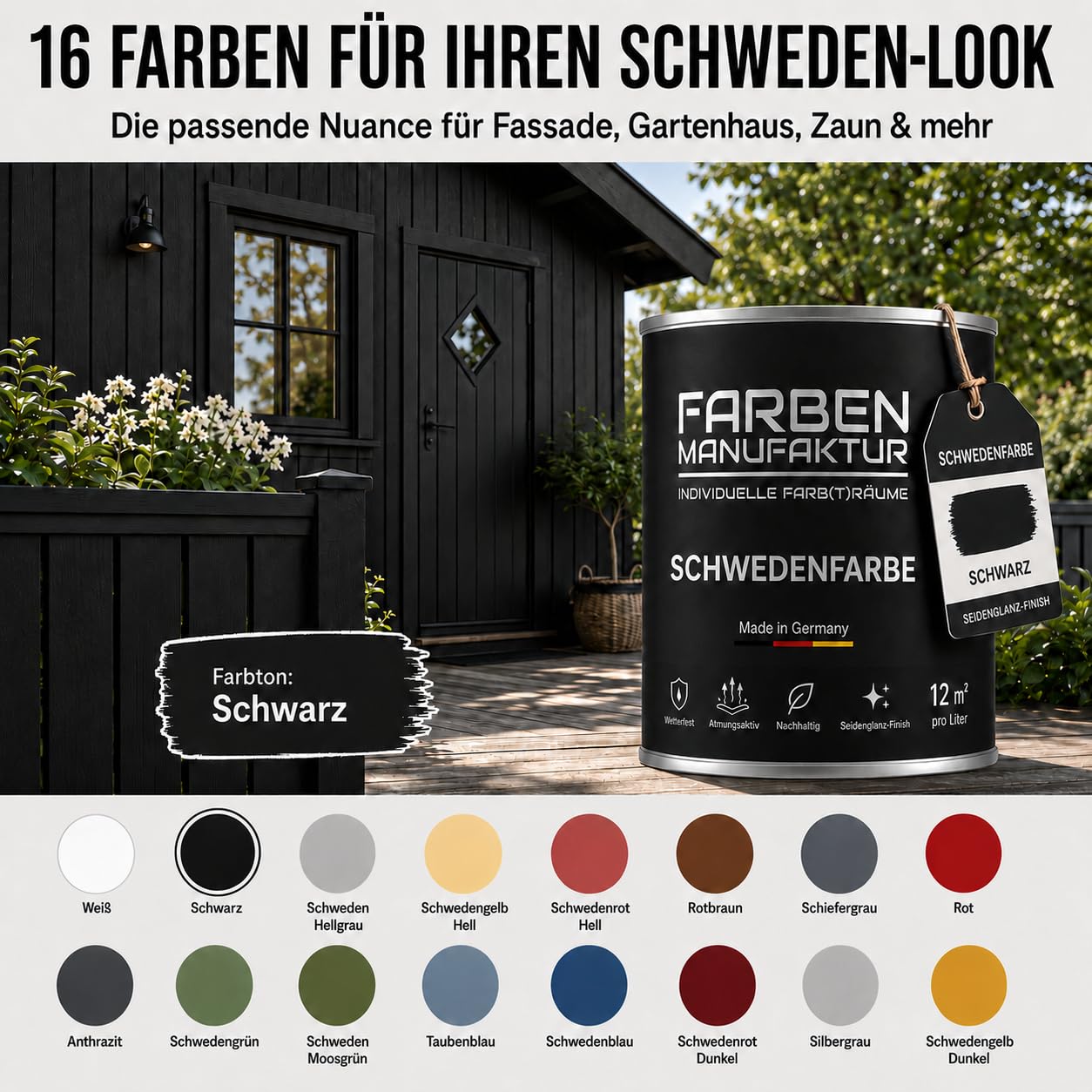 Schwedenfarbe Holzfarbe Außen Wetterfest – Holzschutzfarbe für Fassade, Gartenhaus, Zaun & Scheune – Diffusionsoffen & Nachhaltig Wetterschutzfarbe 2L, Größe: 2L, Farbe: Schweden grün