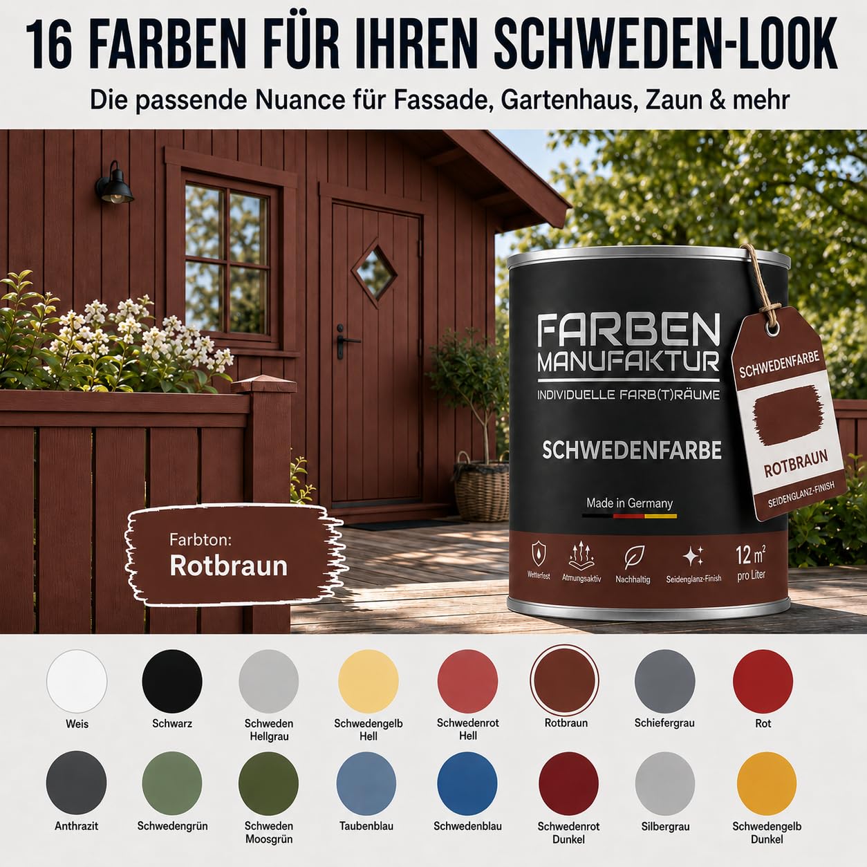 Schwedenfarbe Holzfarbe Außen Wetterfest – Holzschutzfarbe für Fassade, Gartenhaus, Zaun & Scheune – Diffusionsoffen & Nachhaltig Wetterschutzfarbe 2L, Größe: 2L, Farbe: Schweden grün