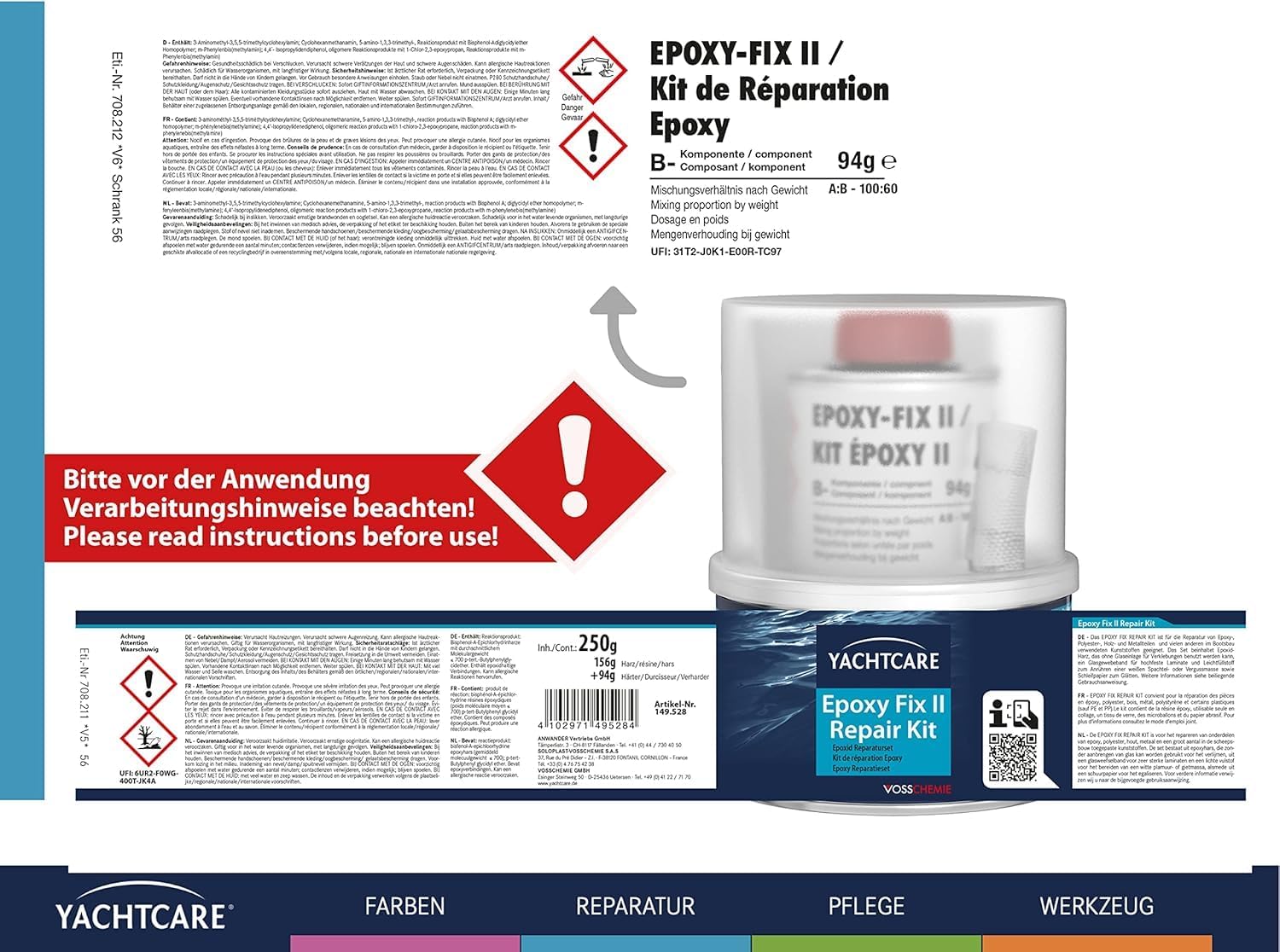 Yachtcare Epoxy Fix Repair Kit 250g - GFK Reparaturset für Boot, Caravan, SUP, Kunststoff – Epoxidharz Kleber & Glasfaser Rep-Set