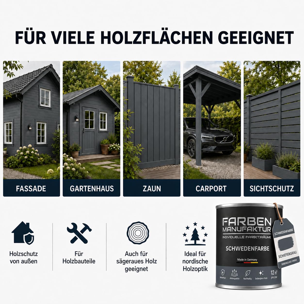 Schwedenfarbe Holzfarbe Außen Wetterfest – Holzschutzfarbe für Fassade, Gartenhaus, Zaun & Scheune – Diffusionsoffen & Nachhaltig Wetterschutzfarbe 1/2/5L, Größe: 2L, Farbe: Schweden moosgrün
