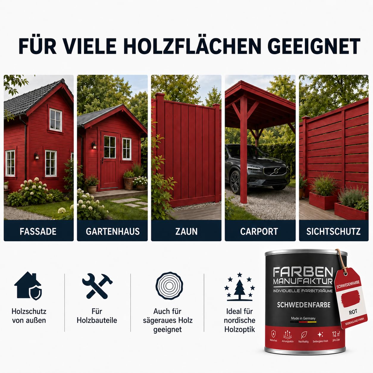 Schwedenfarbe Holzfarbe Außen Wetterfest – Holzschutzfarbe für Fassade, Gartenhaus, Zaun & Scheune – Diffusionsoffen & Nachhaltig Wetterschutzfarbe 1/2/5L, Größe: 2L, Farbe: Schweden moosgrün