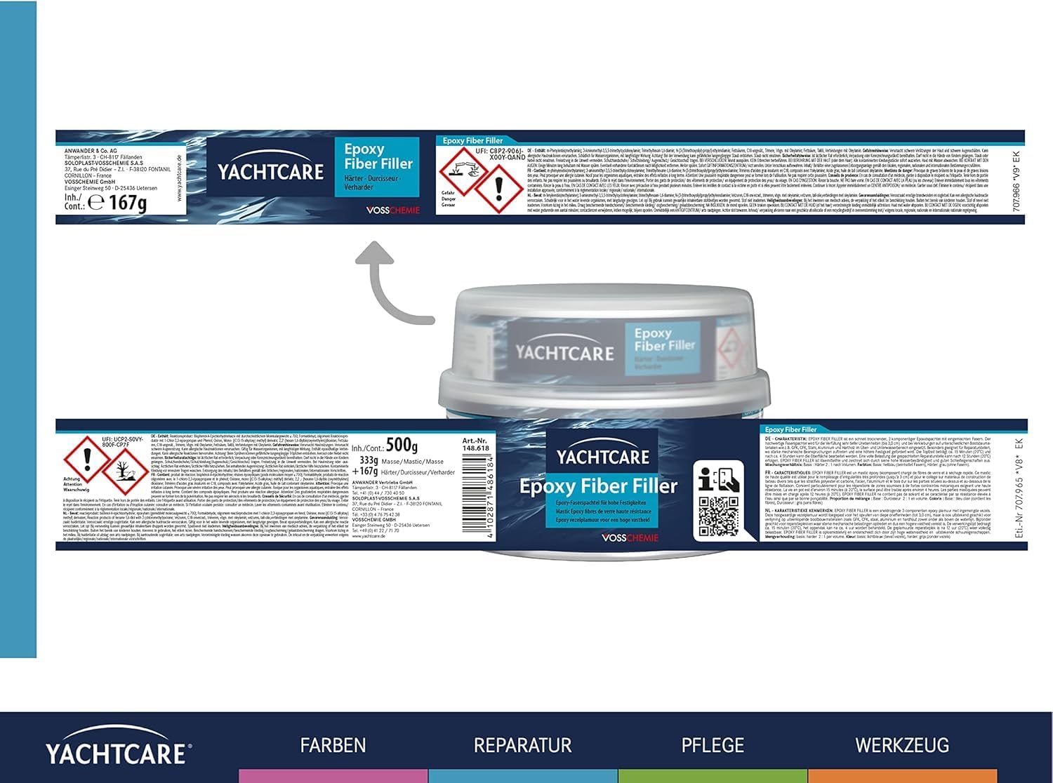 Yachtcare Epoxy Fiber Filler 500g - Epoxidharz Glasfaserspachtel - Faserverstärkter Reparaturspachtel für GFK & Metall, wasserbeständig, hellblau