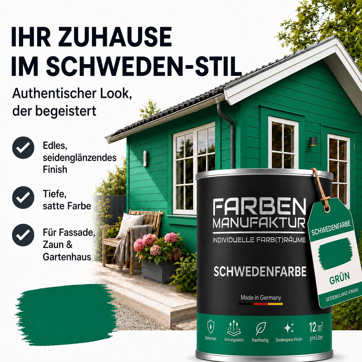 Schwedenfarbe Holzfarbe Außen Wetterfest – Holzschutzfarbe für Fassade, Gartenhaus, Zaun & Scheune – Diffusionsoffen & Nachhaltig Wetterschutzfarbe 2L, Größe: 2L, Farbe: Schweden grün
