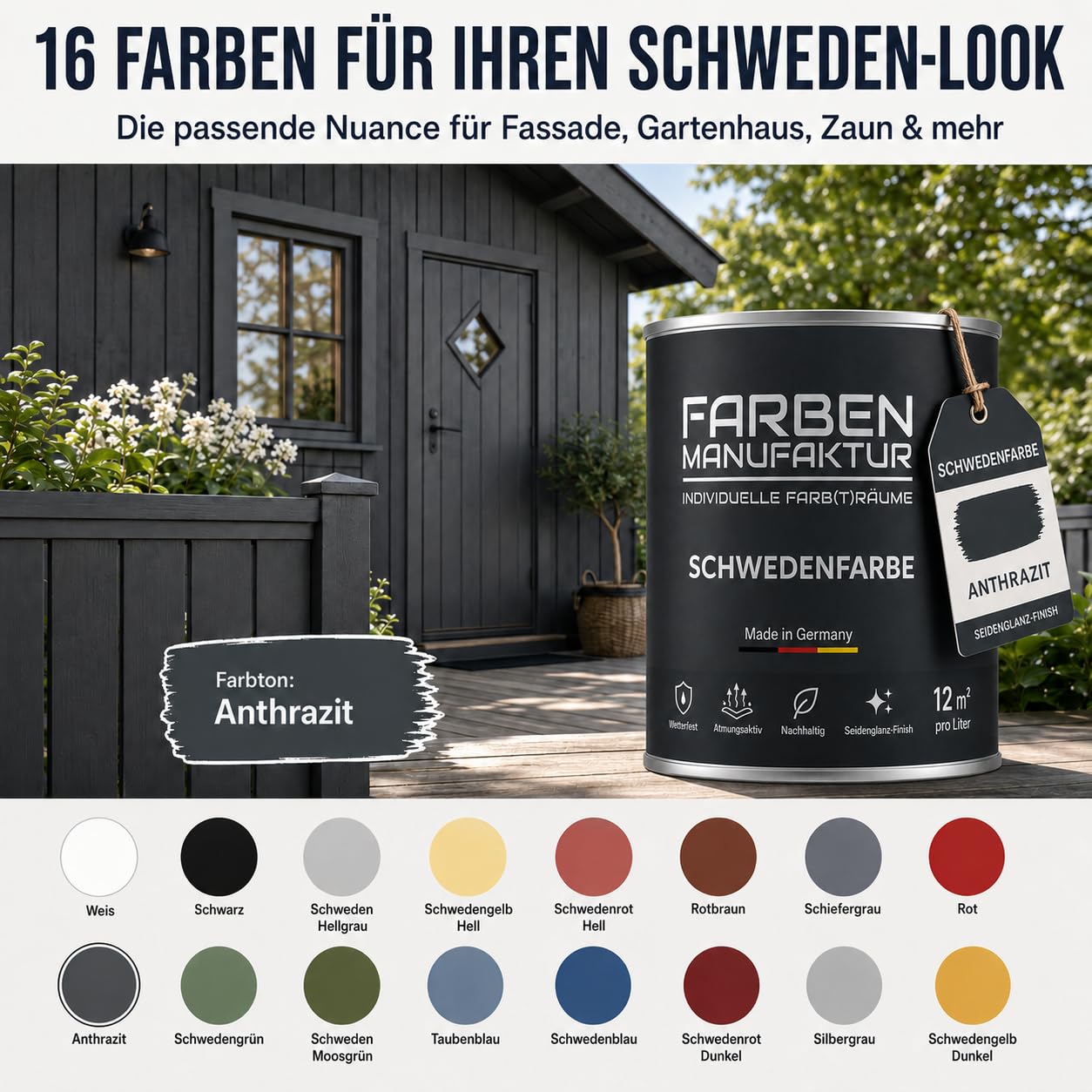 Schwedenfarbe Holzfarbe Außen Wetterfest – Holzschutzfarbe für Fassade, Gartenhaus, Zaun & Scheune – Diffusionsoffen & Nachhaltig Wetterschutzfarbe, Größe: 1L, Farbe: Schweden blau