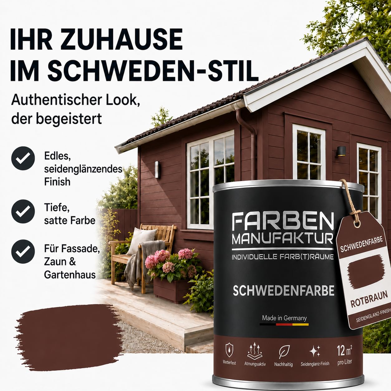 Schwedenfarbe Holzfarbe Außen Wetterfest – Holzschutzfarbe für Fassade, Gartenhaus, Zaun & Scheune – Diffusionsoffen & Nachhaltig Wetterschutzfarbe 2L, Größe: 2L, Farbe: Schweden grün
