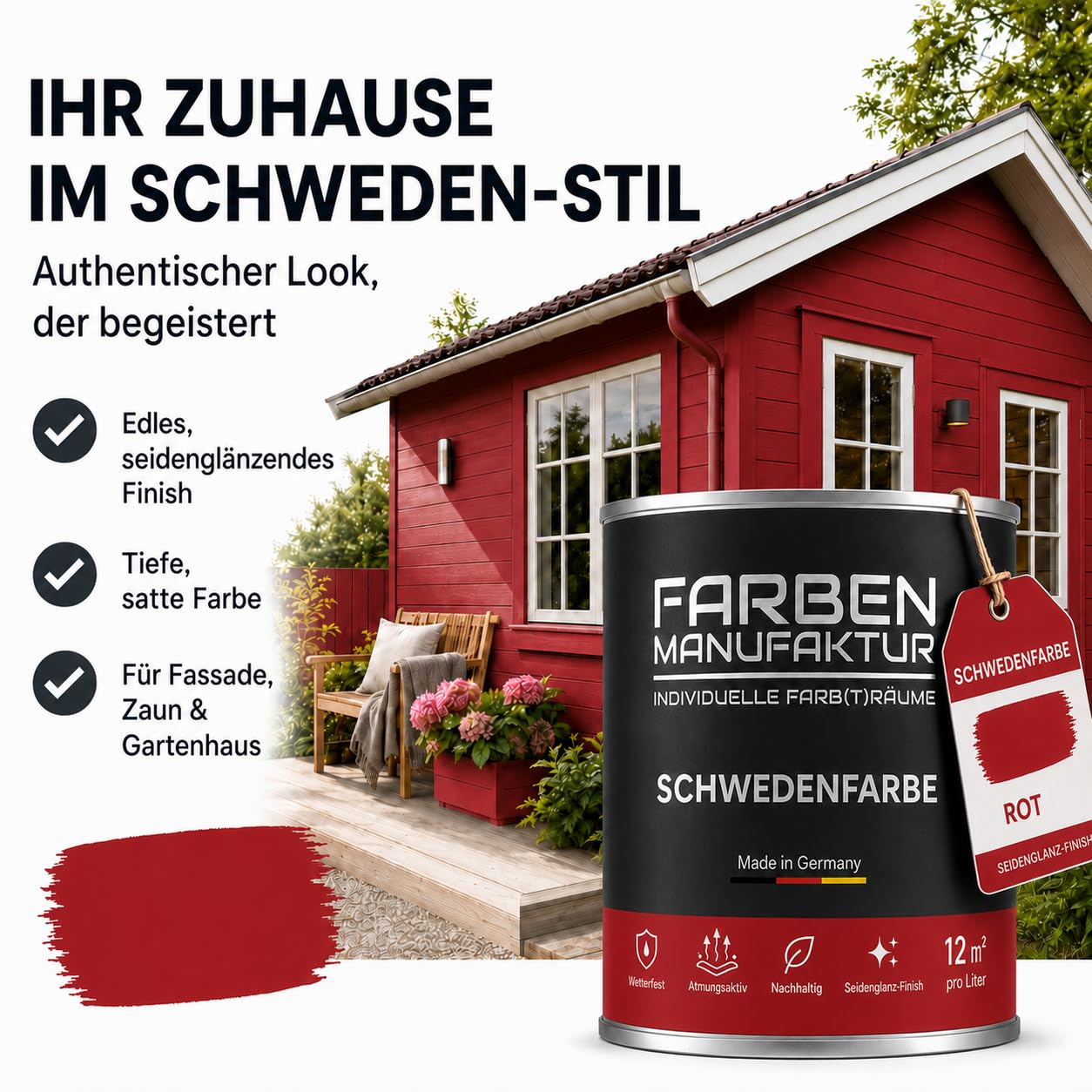 Schwedenfarbe Holzfarbe Außen Wetterfest – Holzschutzfarbe für Fassade, Gartenhaus, Zaun & Scheune – Diffusionsoffen & Nachhaltig Wetterschutzfarbe 1/2/5L, Größe: 2L, Farbe: Schweden moosgrün