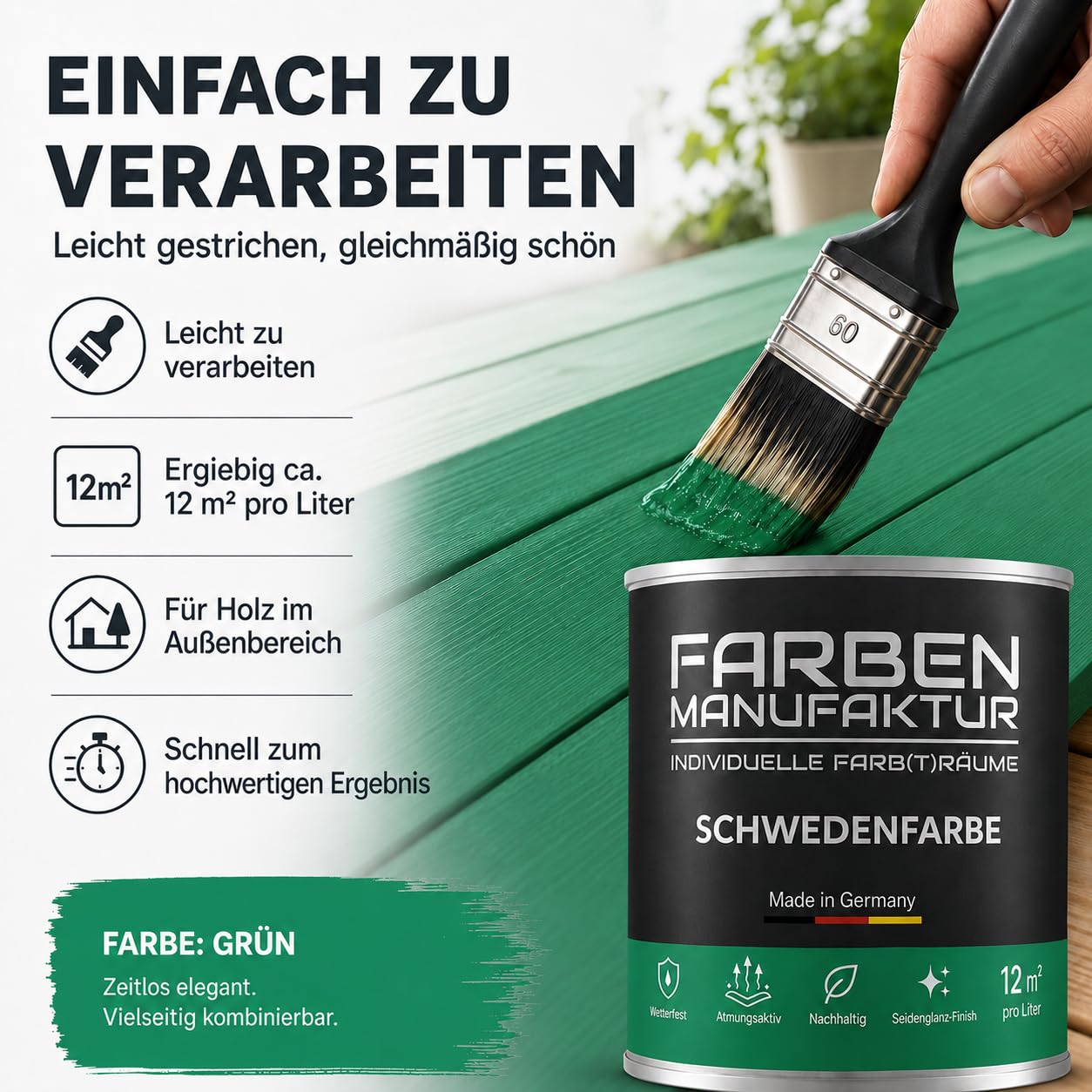 Schwedenfarbe Holzfarbe Außen Wetterfest – Holzschutzfarbe für Fassade, Gartenhaus, Zaun & Scheune – Diffusionsoffen & Nachhaltig Wetterschutzfarbe 2L, Größe: 2L, Farbe: Schweden grün
