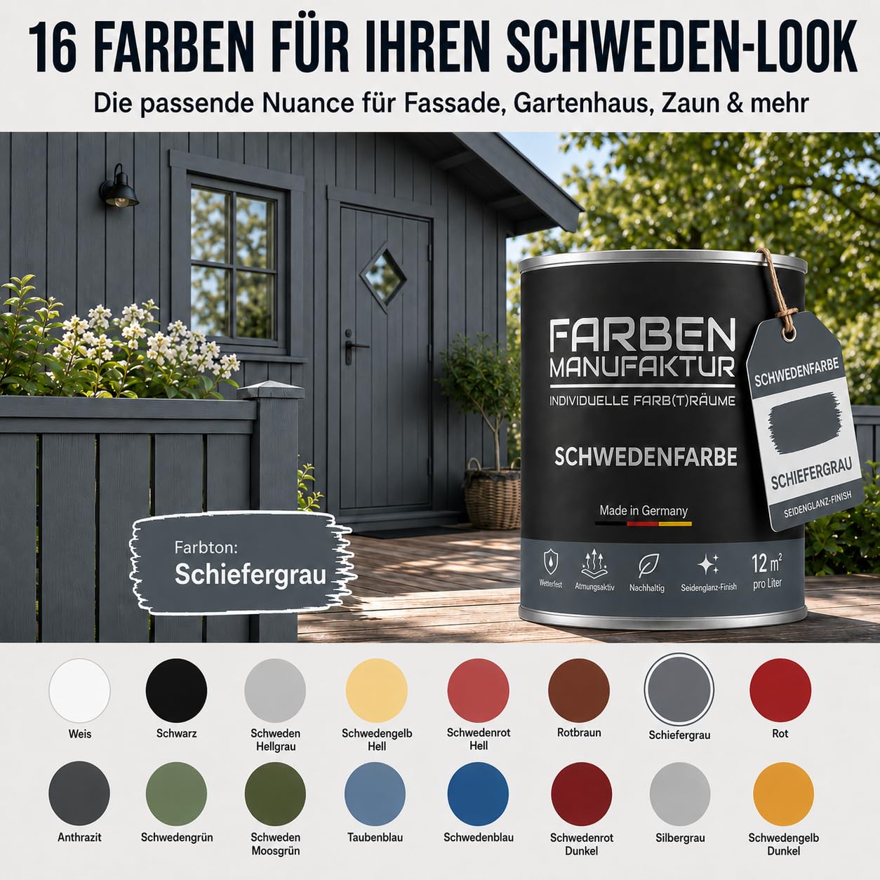 Schwedenfarbe Holzfarbe Außen Wetterfest – Holzschutzfarbe für Fassade, Gartenhaus, Zaun & Scheune – Diffusionsoffen & Nachhaltig Wetterschutzfarbe, Größe: 1L, Farbe: Schweden blau
