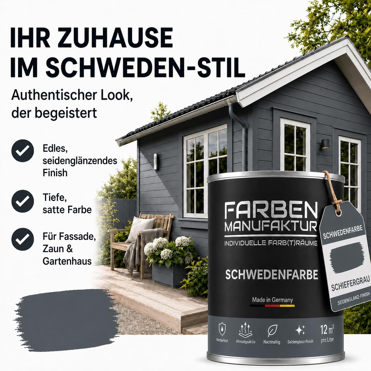 Schwedenfarbe Holzfarbe Außen Wetterfest – Holzschutzfarbe für Fassade, Gartenhaus, Zaun & Scheune – Diffusionsoffen & Nachhaltig Wetterschutzfarbe, Größe: 1L, Farbe: Schweden blau