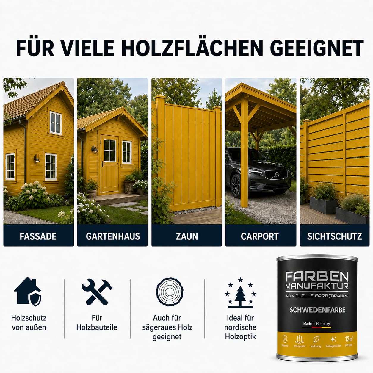 Schwedenfarbe Holzfarbe Außen Wetterfest – Holzschutzfarbe für Fassade, Gartenhaus, Zaun & Scheune – Diffusionsoffen & Nachhaltig Wetterschutzfarbe 2L, Größe: 2L, Farbe: Schweden grün