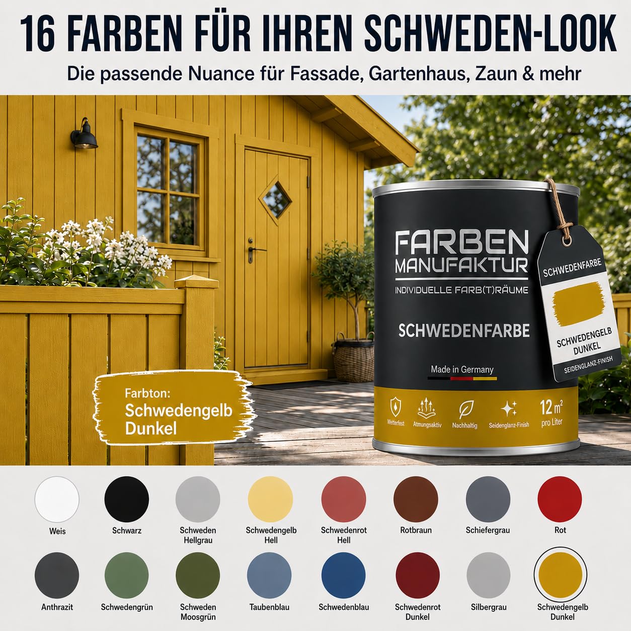 Schwedenfarbe Holzfarbe Außen Wetterfest – Holzschutzfarbe für Fassade, Gartenhaus, Zaun & Scheune – Diffusionsoffen & Nachhaltig Wetterschutzfarbe 2L, Größe: 2L, Farbe: Schweden grün