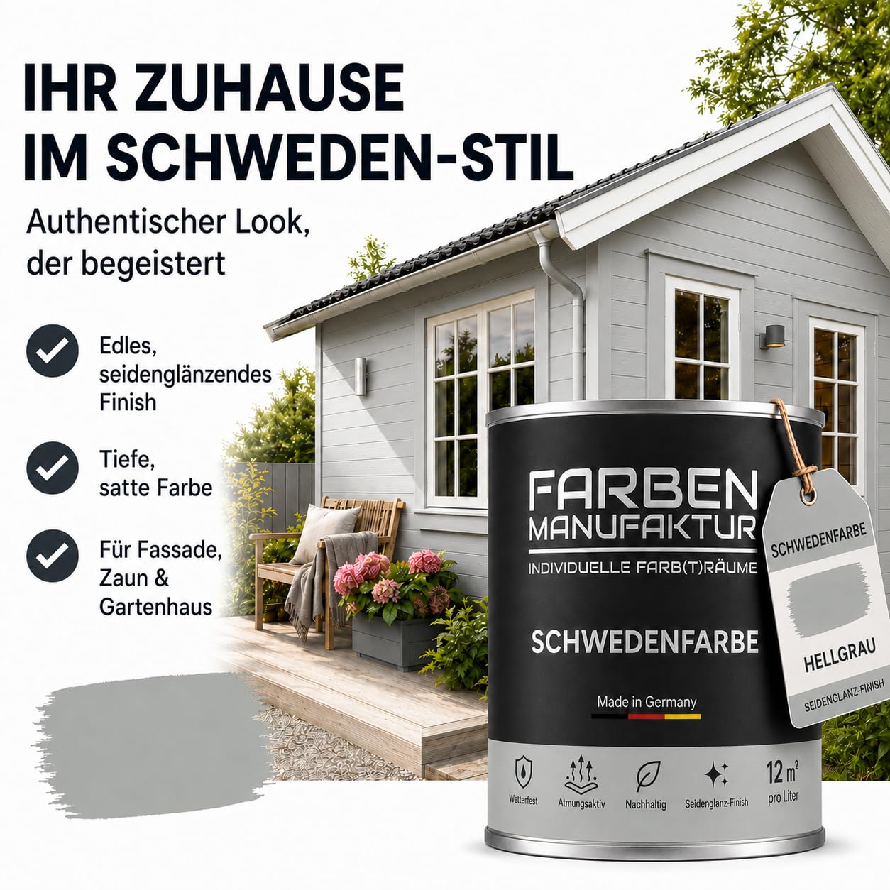 Schwedenfarbe Holzfarbe Außen Wetterfest – Holzschutzfarbe für Fassade, Gartenhaus, Zaun & Scheune – Diffusionsoffen & Nachhaltig Wetterschutzfarbe, Größe: 1L, Farbe: Schweden blau