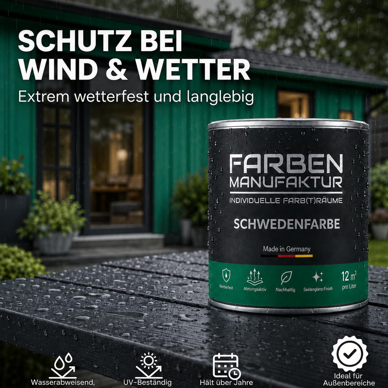 Schwedenfarbe Holzfarbe Außen Wetterfest – Holzschutzfarbe für Fassade, Gartenhaus, Zaun & Scheune – Diffusionsoffen & Nachhaltig Wetterschutzfarbe 2L, Größe: 2L, Farbe: Schweden grün