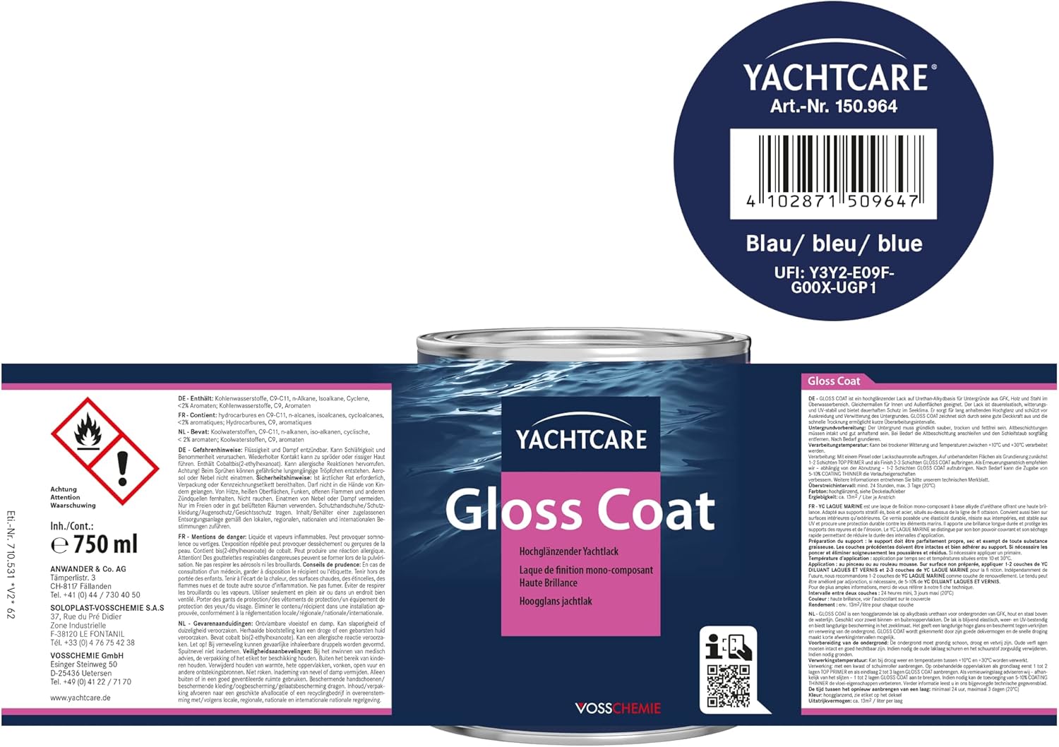 Yachtcare Boots und Yachtlack GLOSS COAT, blau, 750 ml, 150.964