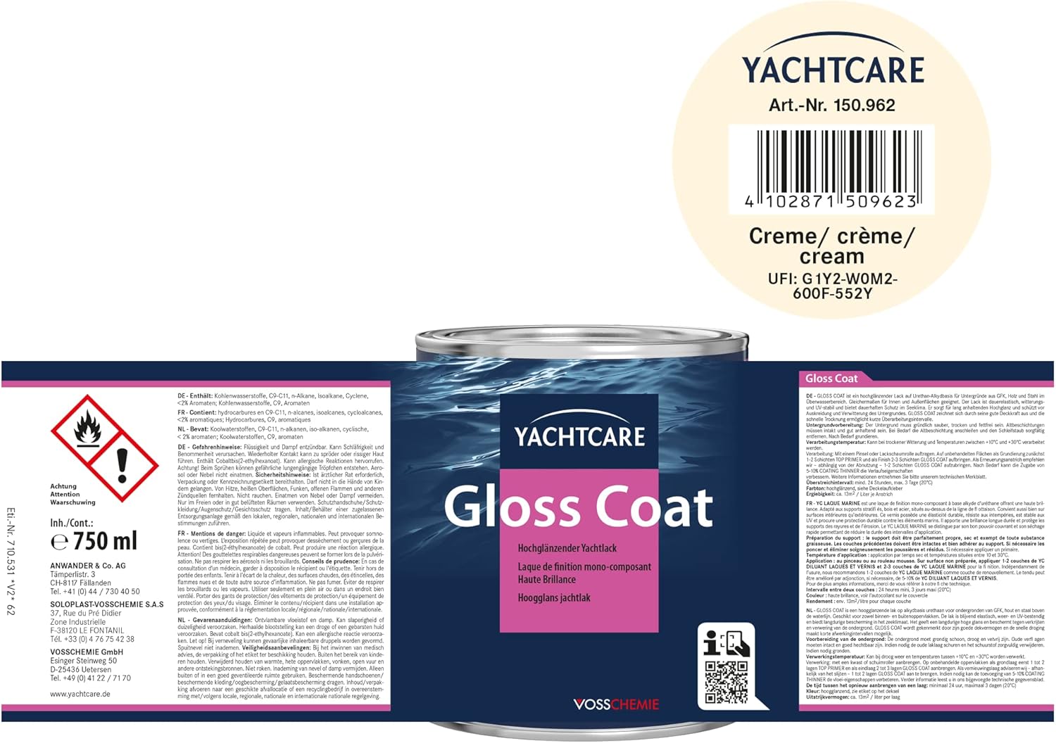 Yachtcare Boots und Yachtlack GLOSS COAT, cream, 750 ml, 150.962